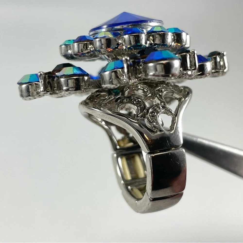 Stunning Silver Tone Big Statement Blue AB Glass Rhinestone Adjustable Ring